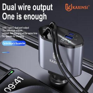 KC-297: 120W Car Charger with Lightning& Type-C cable and USB-A and C