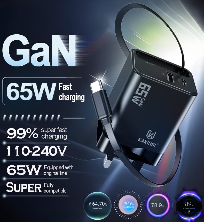KC-342: UK 65W GaN super fast charging with convertible charger and USB-A+C and C cable