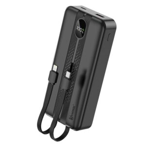 KP-358: 20000mah 22.5W LED Fast Charging Power Bank with lightning and T-C cable output and USB-A and type-c output
