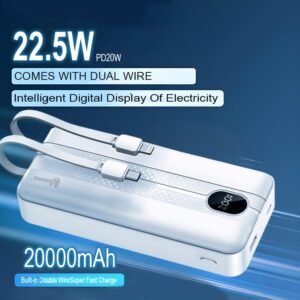 KP-358: 20000mah 22.5W LED Fast Charging Power Bank with lightning and T-C cable output and USB-A and type-c output