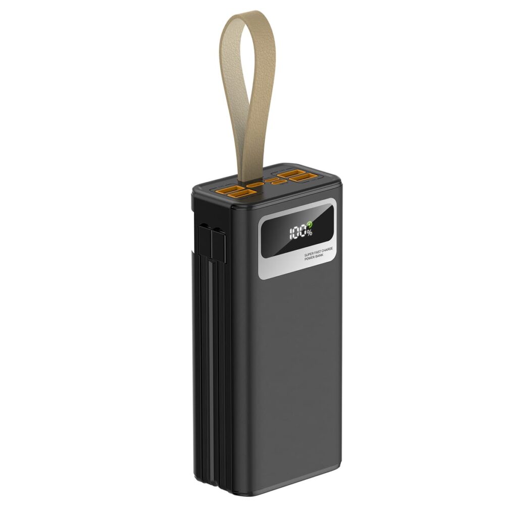 KP-361: 30000mah 22.5W LED Fast Charging Power Bank with long lightning and T-C cable output and 4 USB-A and 3 USB-C