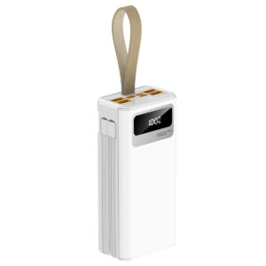 KP-361: 30000mah 22.5W LED Fast Charging Power Bank with long lightning and T-C cable output and 4 USB-A and 3 USB-C