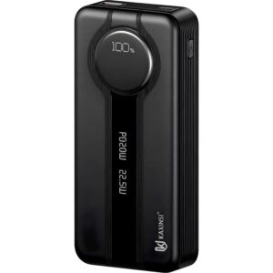 KP-363: 20000mah 22.5W LED Fully Charging Power Bank with lightning and T-C cable output and USB-A and USB-C