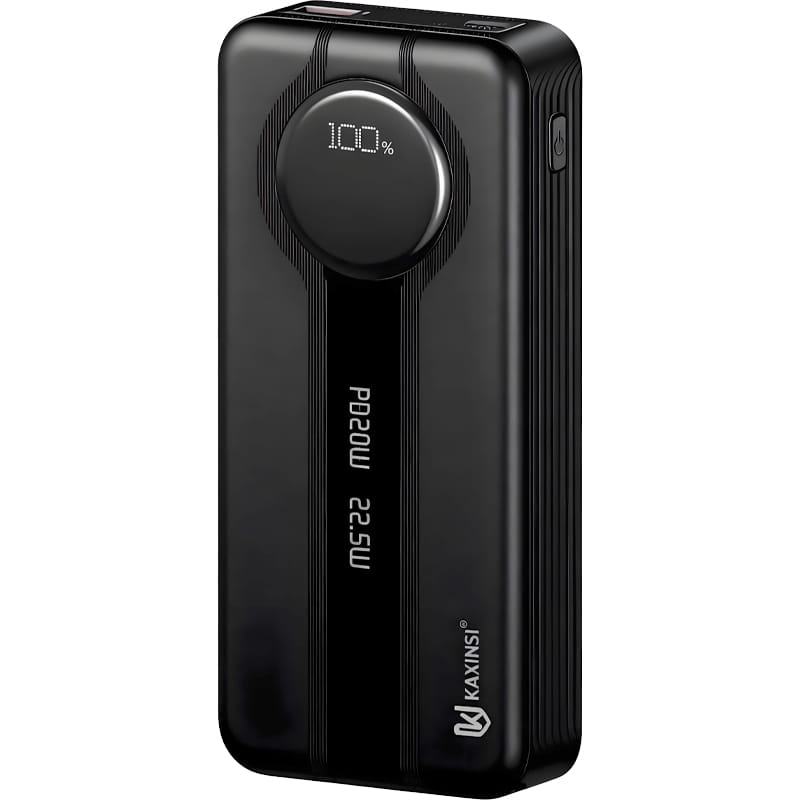 KP-363: 20000mah 22.5W LED Fully Charging Power Bank with lightning and T-C cable output and USB-A and USB-C