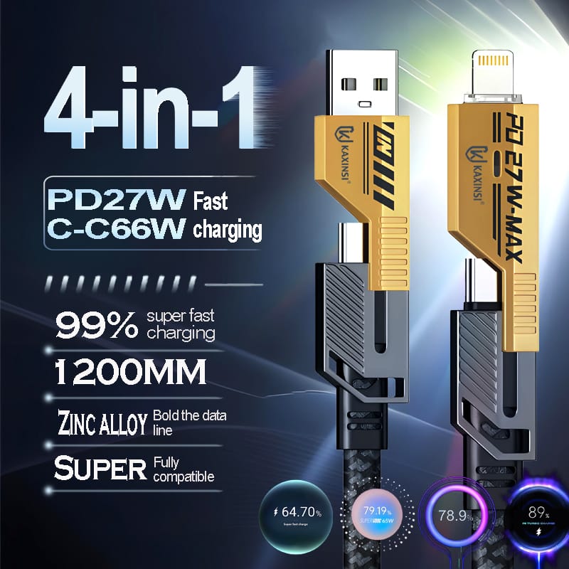 KU-91: 27/66W 4 in 1 USB-A/USB-C to Lighting/type-c Fast Charging Data Cable